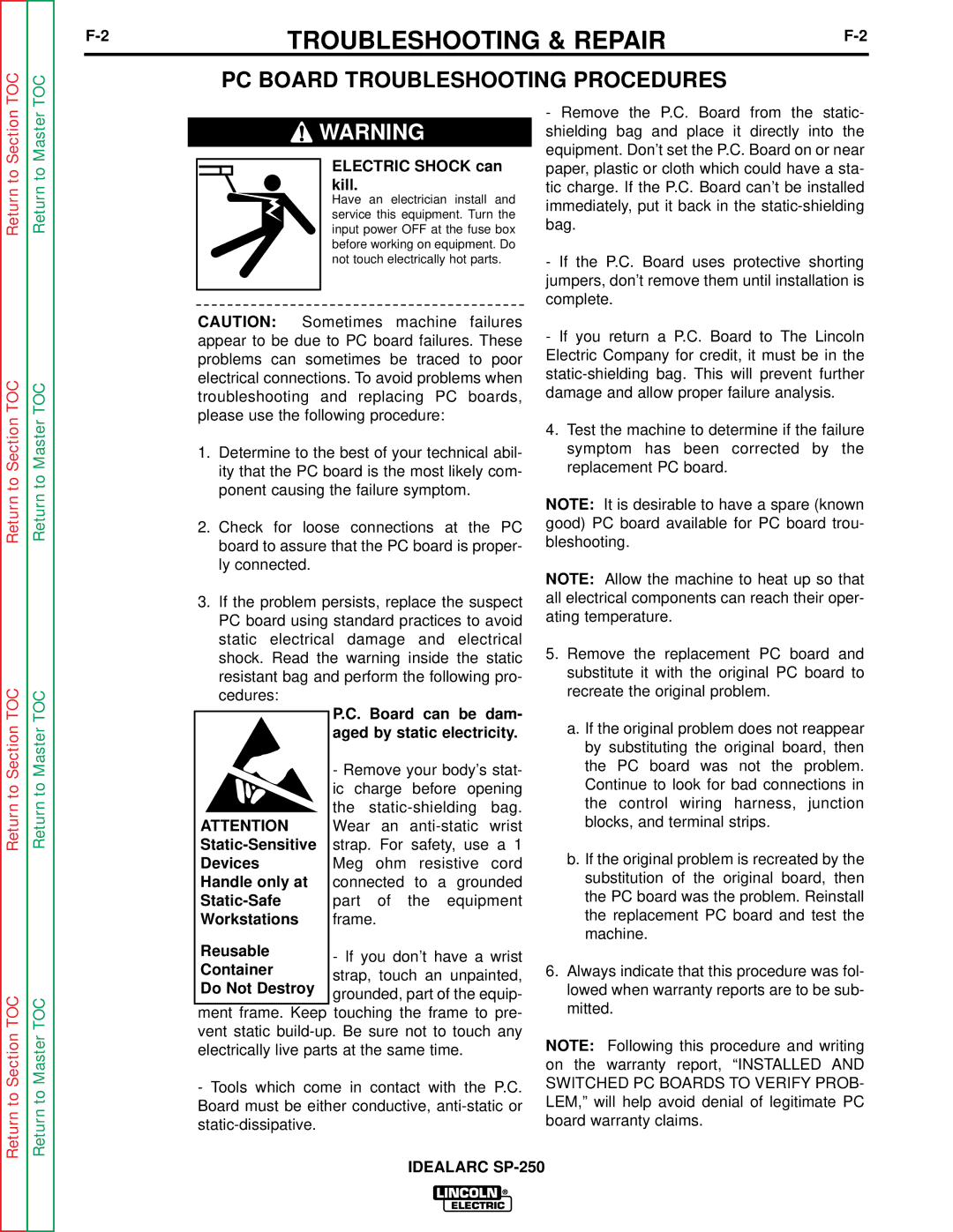 Lincoln Electric SP-250 service manual PC Board Troubleshooting Procedures, Board can be dam- aged by static electricity 