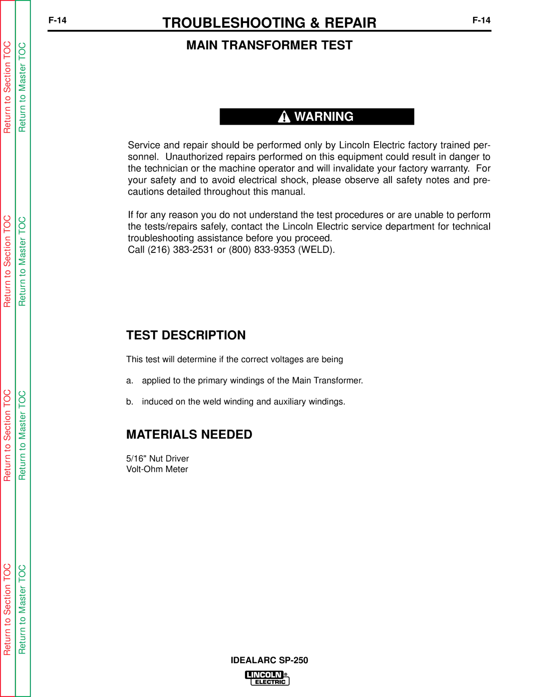 Lincoln Electric SP-250 service manual Main Transformer Test, Test Description, Materials Needed 