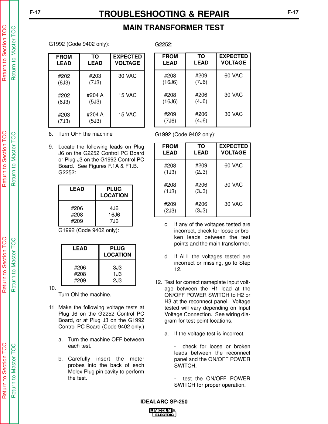 Lincoln Electric SP-250 service manual #206 4J6 #208 16J6 #209 7J6 G1992 Code 9402 only 