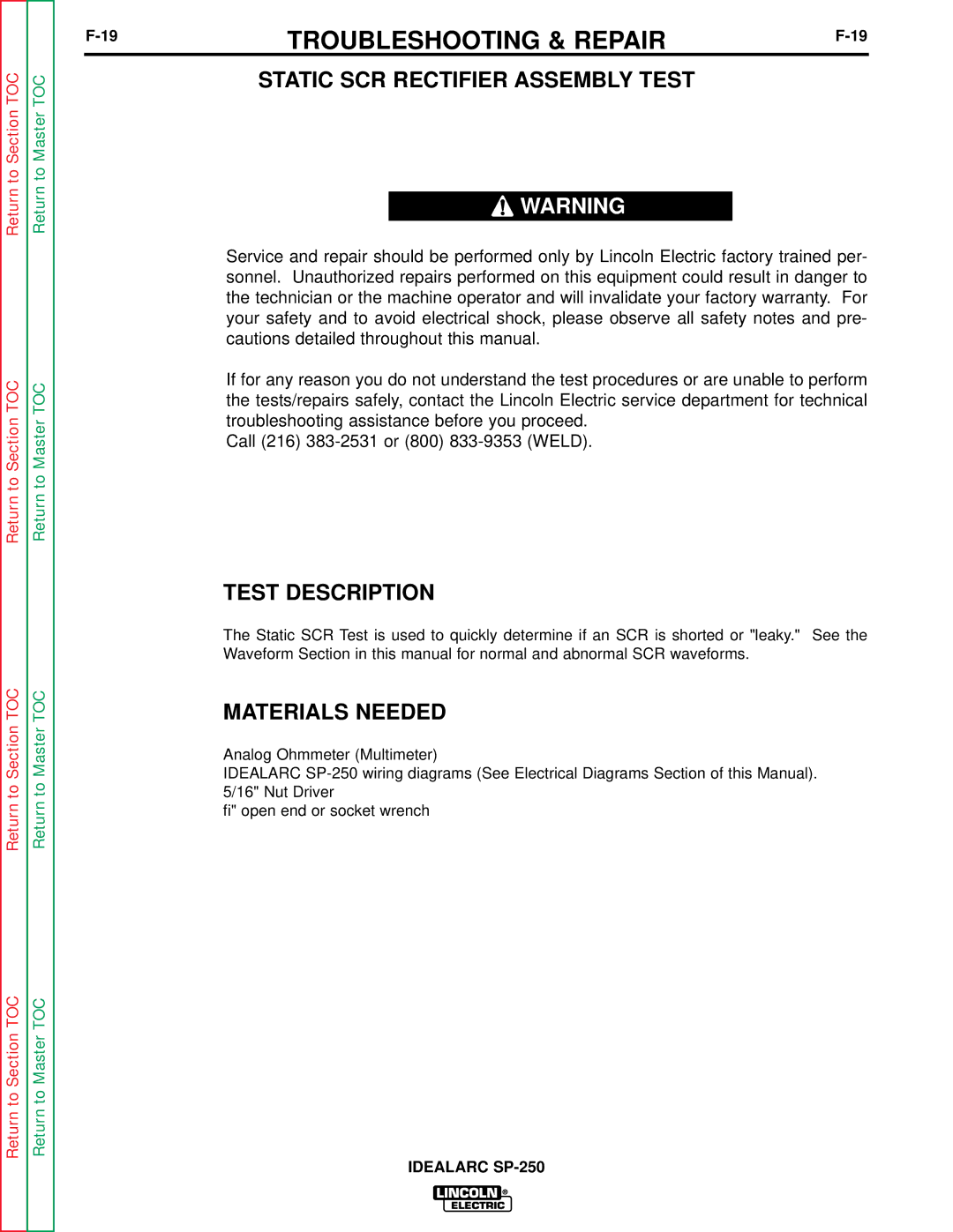 Lincoln Electric SP-250 service manual Static SCR Rectifier Assembly Test, Test Description 