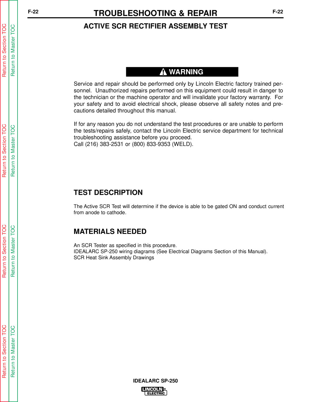 Lincoln Electric SP-250 service manual Active SCR Rectifier Assembly Test, Test Description 