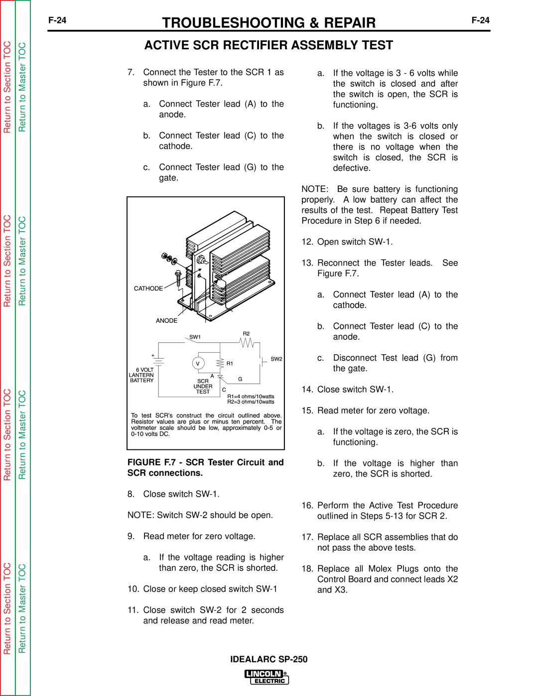 Lincoln Electric SP-250 service manual Figure F.7 SCR Tester Circuit and SCR connections 