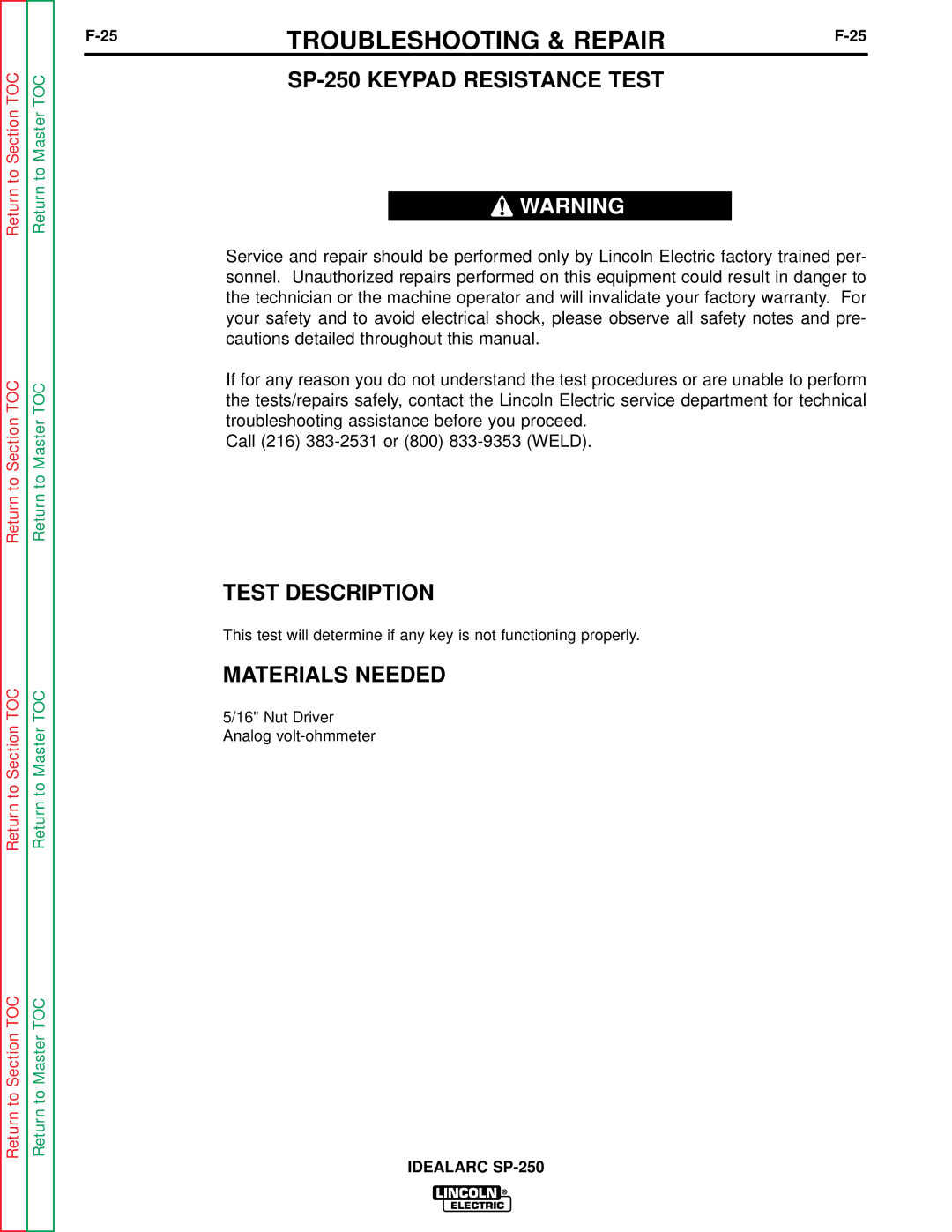 Lincoln Electric service manual SP-250 Keypad Resistance Test, 25F-25 