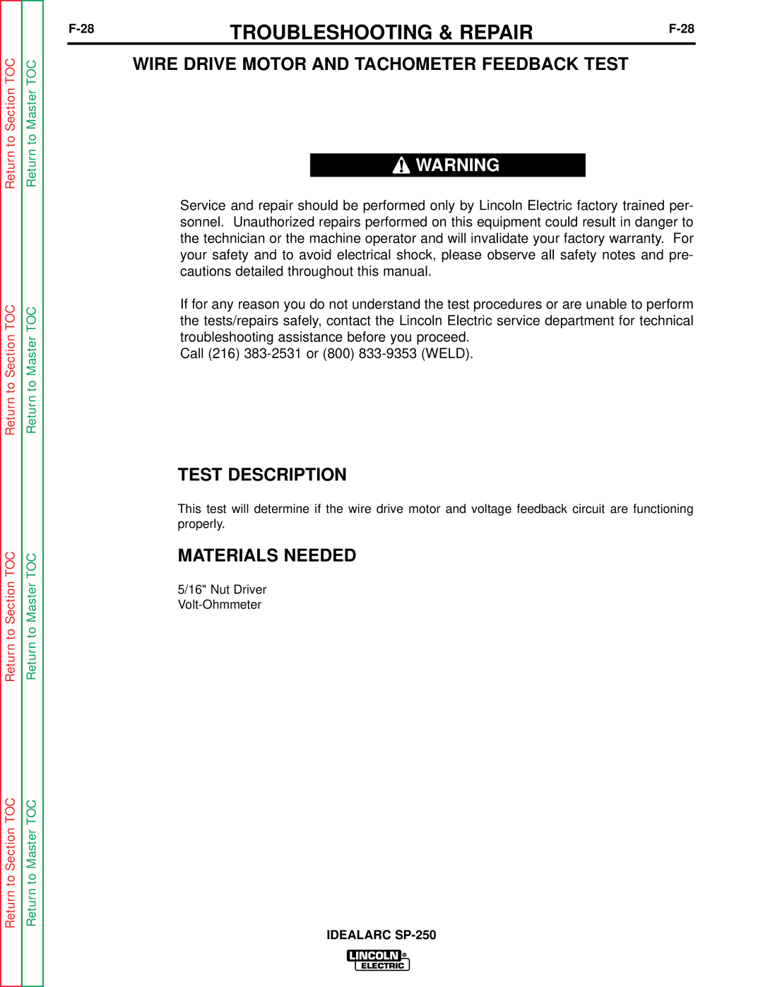 Lincoln Electric SP-250 service manual Wire Drive Motor and Tachometer Feedback Test, Test Description 