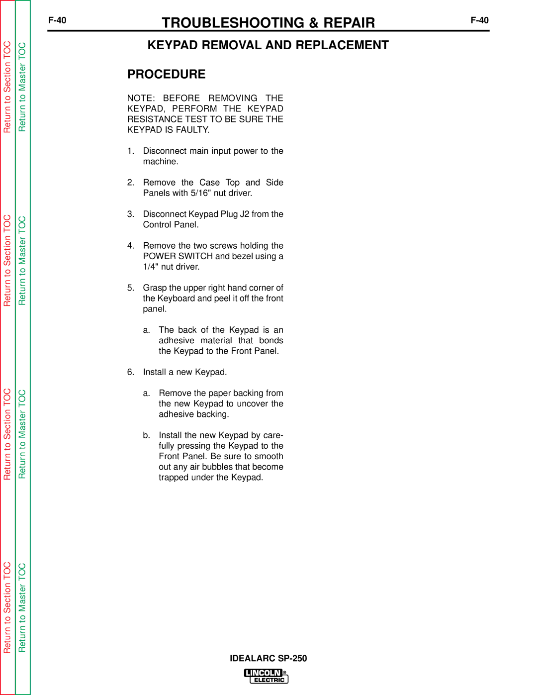 Lincoln Electric SP-250 service manual Keypad Removal and Replacement Procedure 