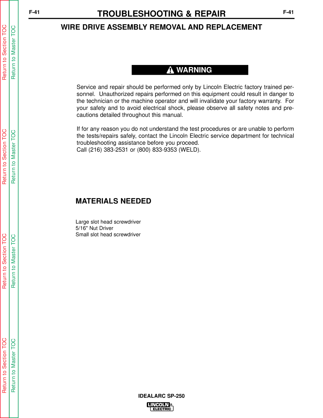 Lincoln Electric SP-250 service manual Wire Drive Assembly Removal and Replacement 