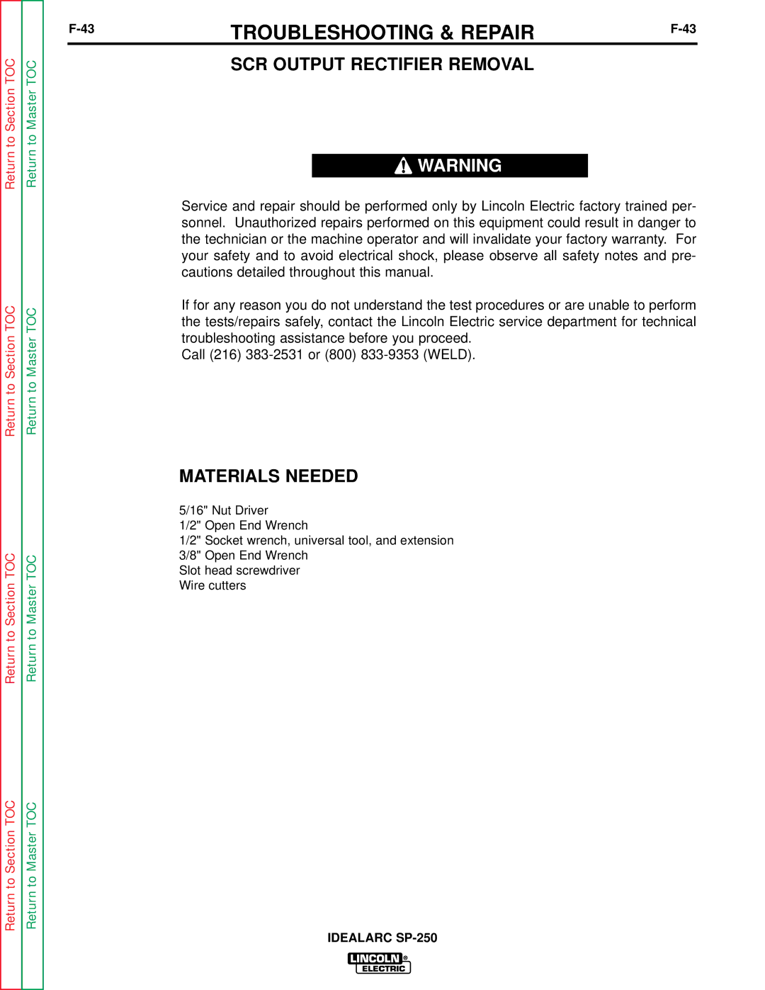 Lincoln Electric SP-250 service manual SCR Output Rectifier Removal, 43F-43 