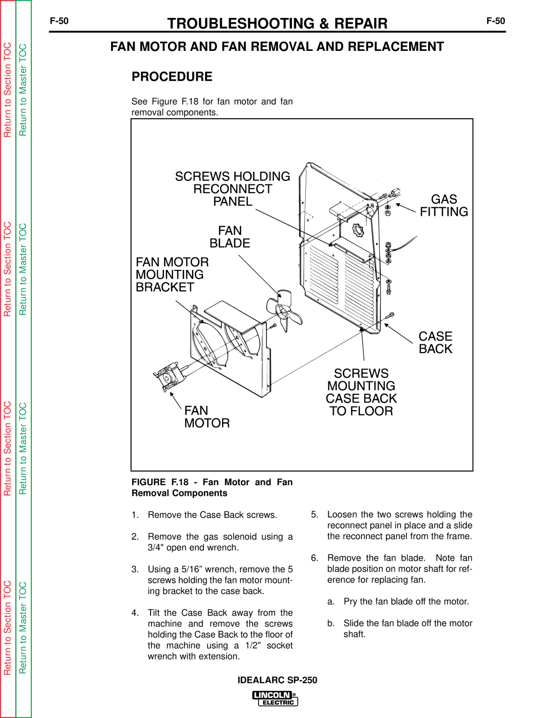 Lincoln Electric SP-250 service manual FAN Motor and FAN Removal and Replacement Procedure 