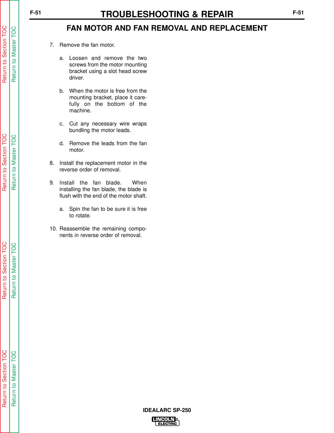 Lincoln Electric SP-250 service manual Troubleshooting & Repair 