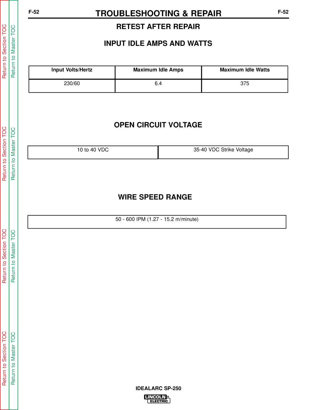 Lincoln Electric SP-250 service manual Open Circuit Voltage, Wire Speed Range, Input Volts/Hertz, 230/60 375 