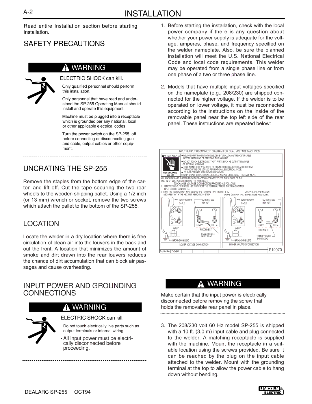 Lincoln Electric manual 2INSTALLATION, Safety Precautions, Uncrating the SP-255, Location 