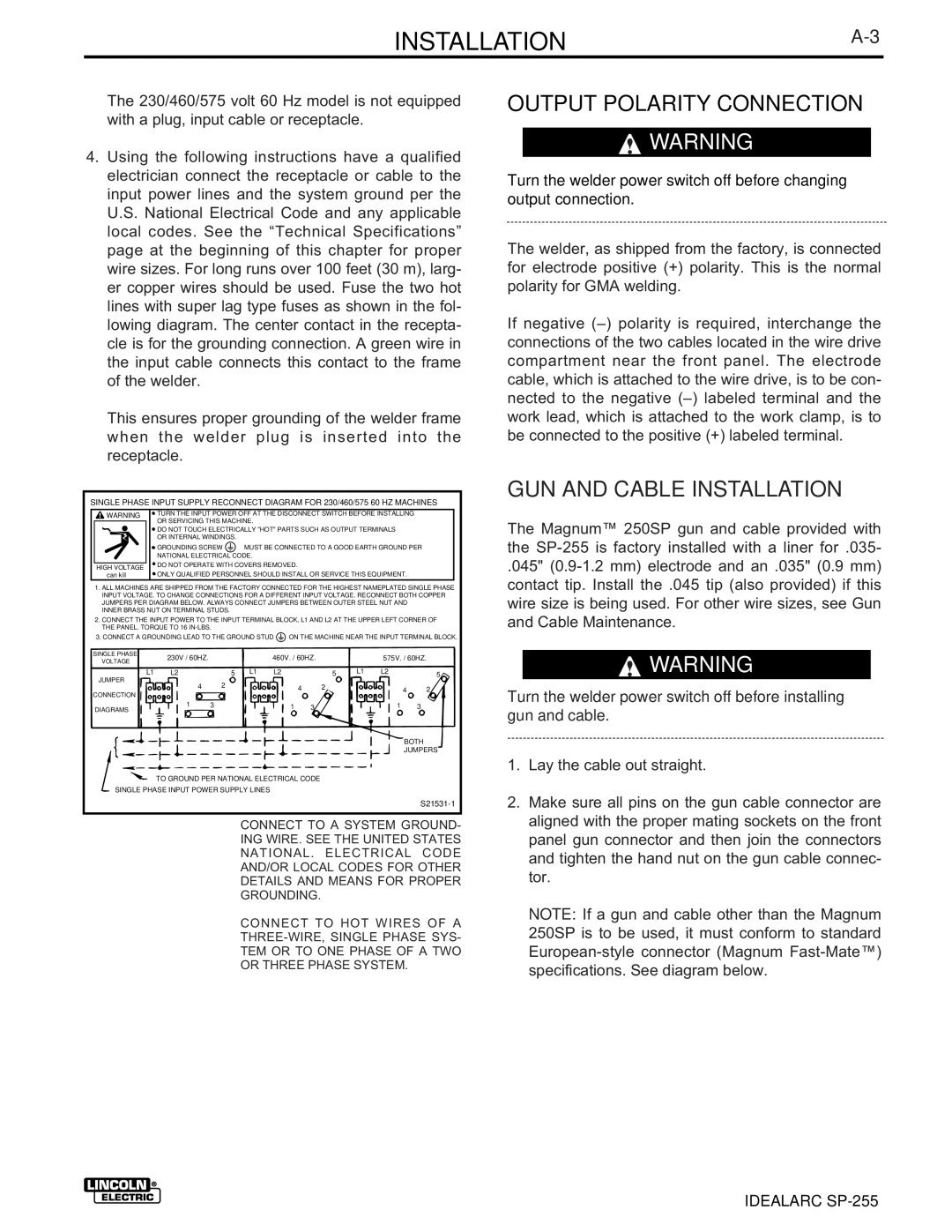 Lincoln Electric SP-255 manual INSTALLATIONA-3, Output Polarity Connection, GUN and Cable Installation 