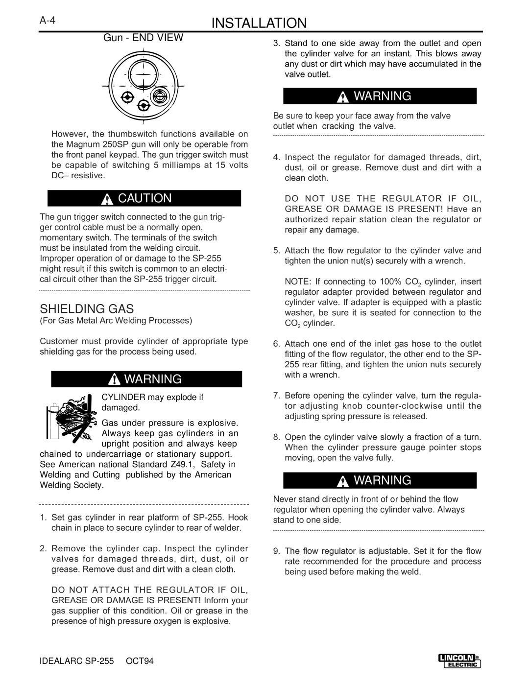 Lincoln Electric SP-255 manual 4INSTALLATION, Shielding GAS 