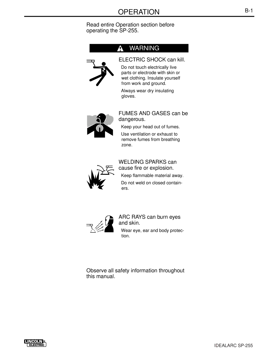 Lincoln Electric SP-255 manual OPERATIONB-1, Fumes and Gases can be dangerous 