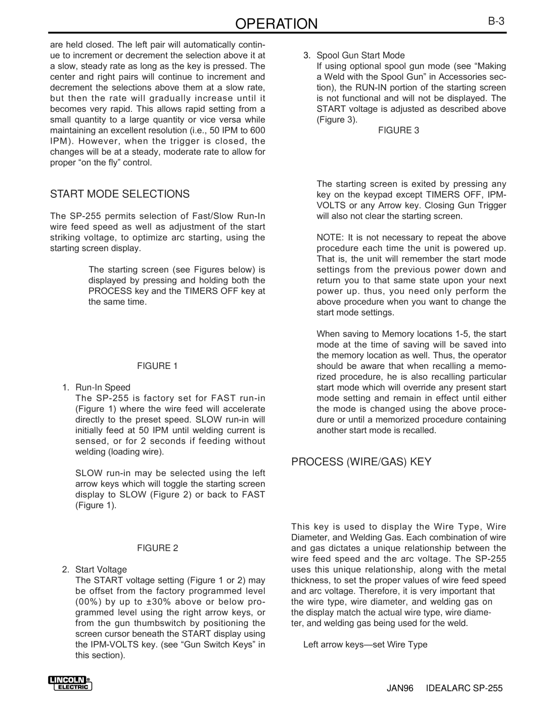 Lincoln Electric SP-255 manual OPERATIONB-3, Start Mode Selections, Process WIRE/GAS KEY 