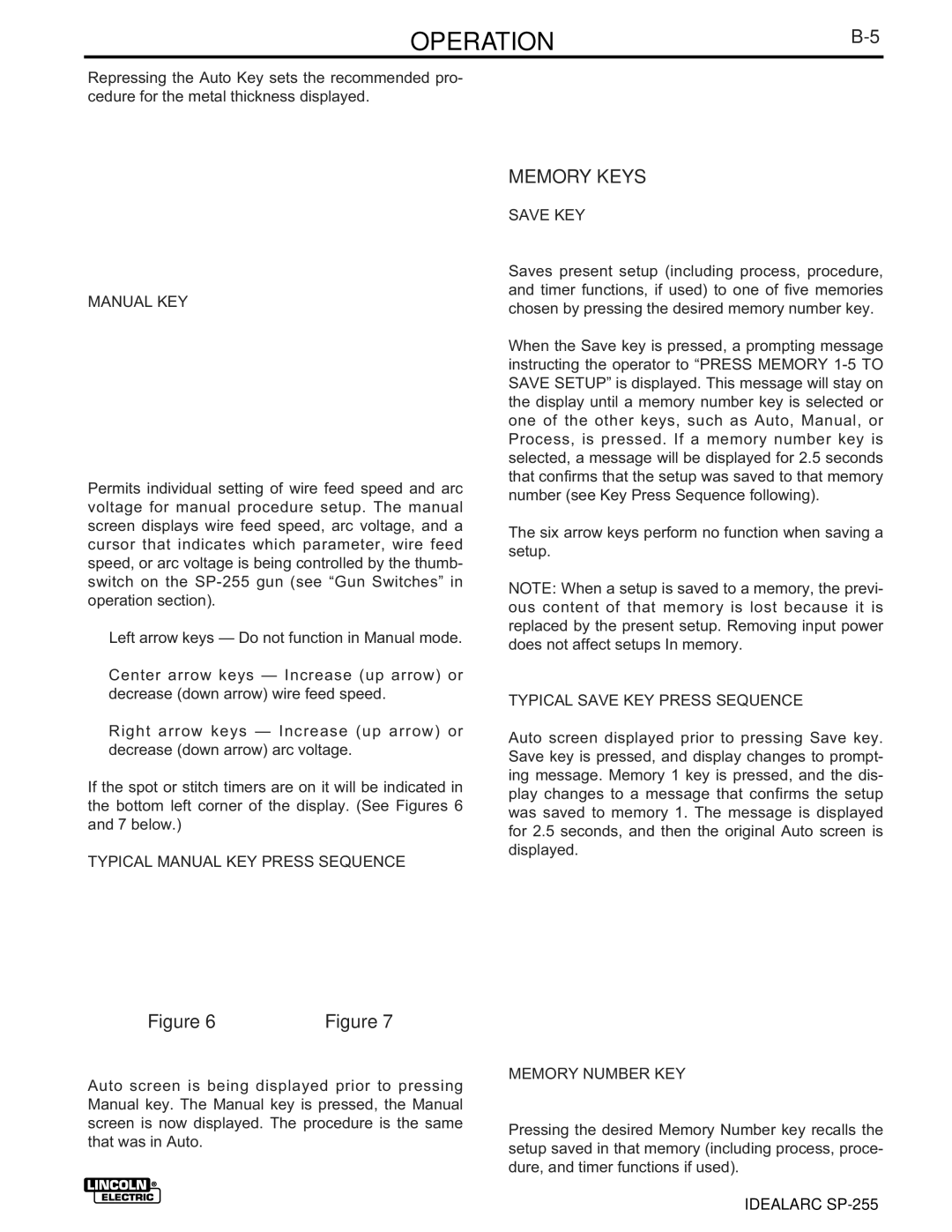 Lincoln Electric SP-255 manual OPERATIONB-5, Memory Keys 