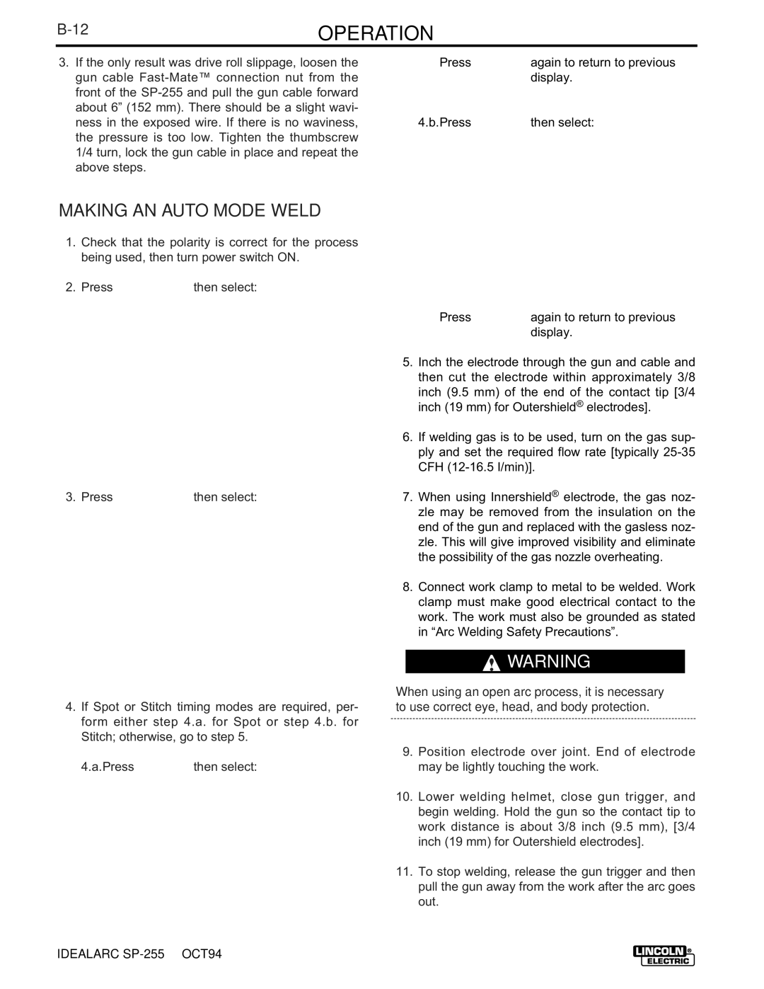 Lincoln Electric SP-255 manual 12OPERATION, Making AN Auto Mode Weld 