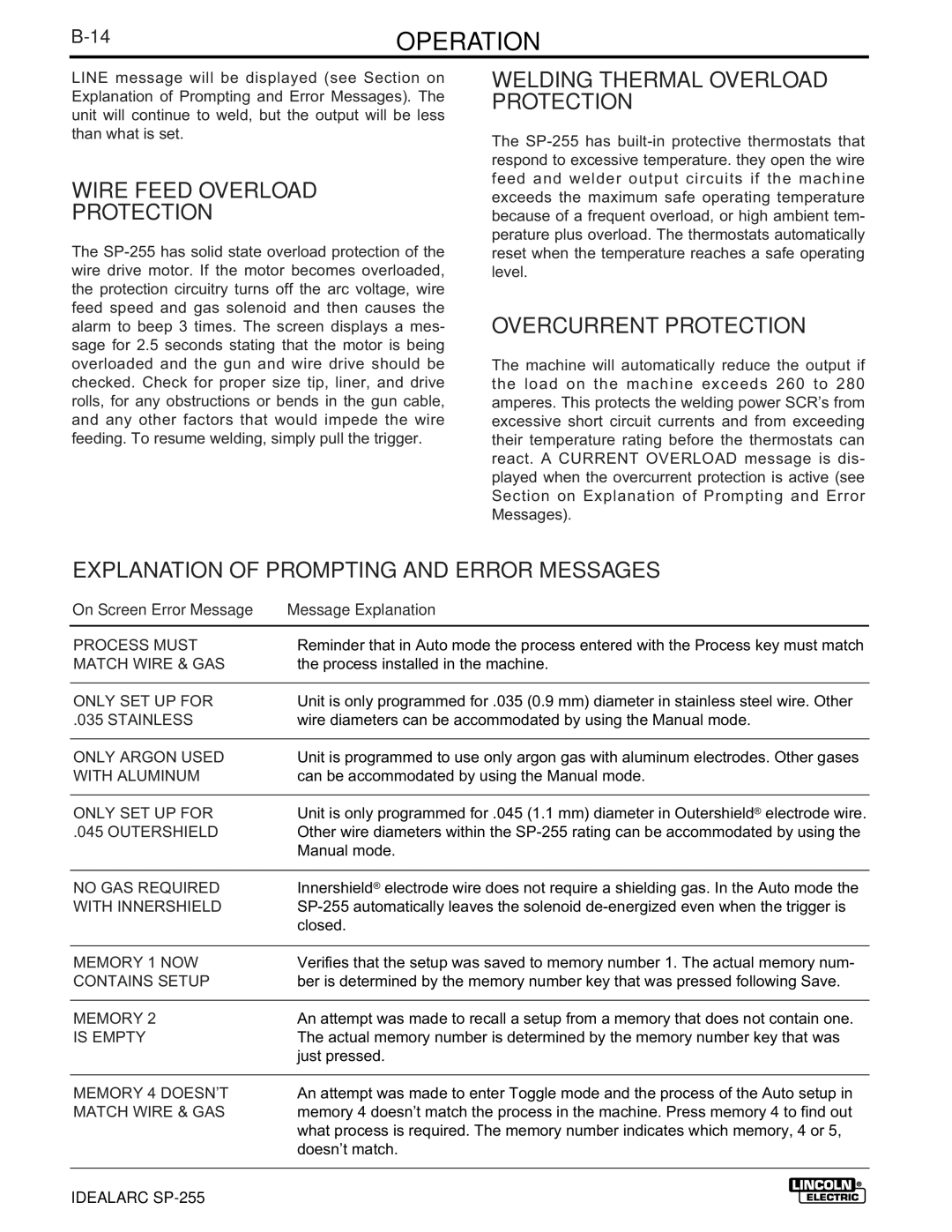 Lincoln Electric SP-255 manual 14OPERATION, Wire Feed Overload Protection, Welding Thermal Overload Protection 