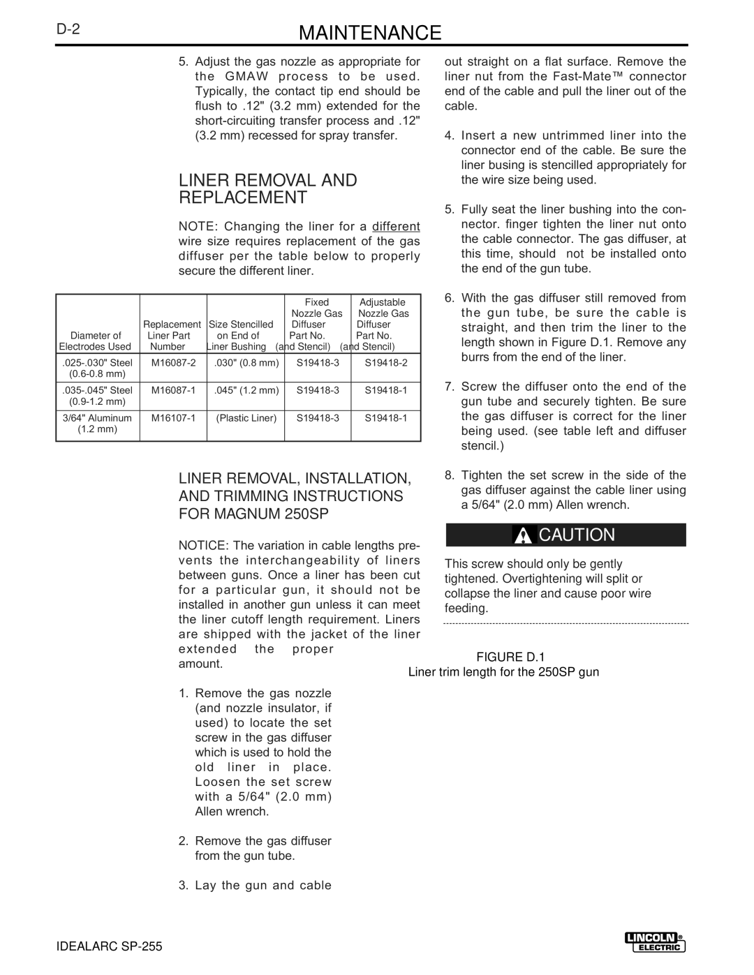 Lincoln Electric SP-255 manual 2MAINTENANCE, Liner Removal Replacement 