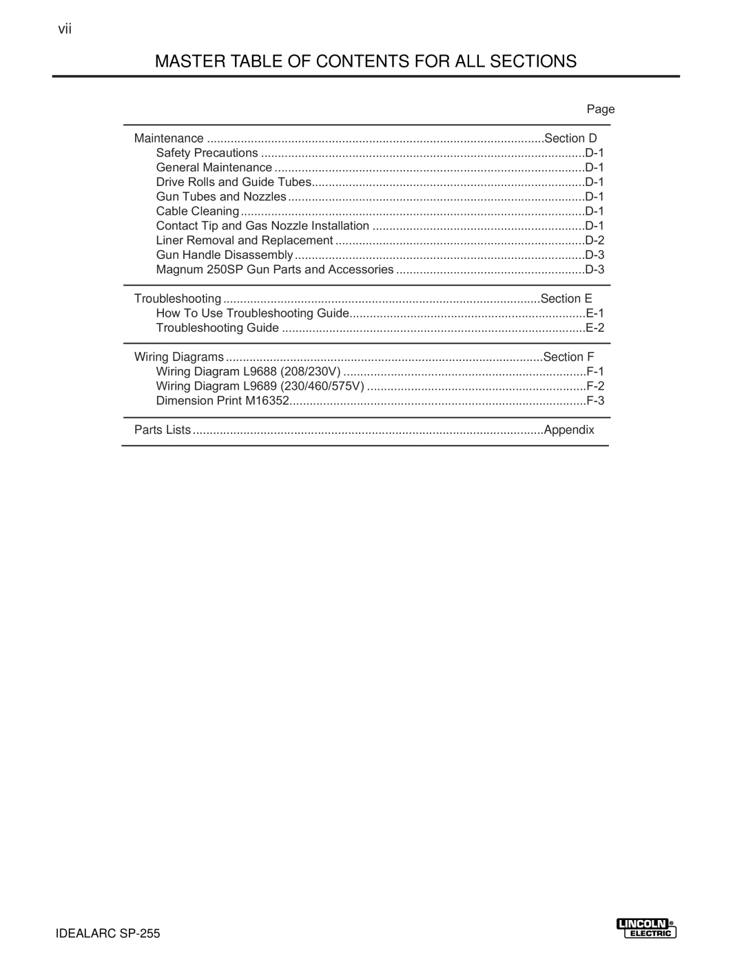 Lincoln Electric SP-255 manual Section D, Section E, Section F, Appendix 