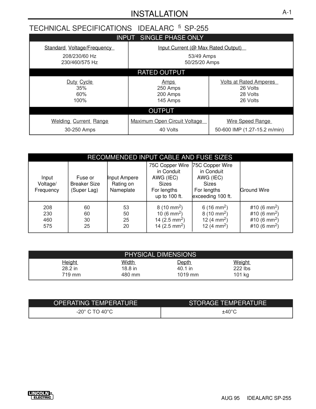 Lincoln Electric manual INSTALLATIONA-1, Technical Specifications Idealarc SP-255 