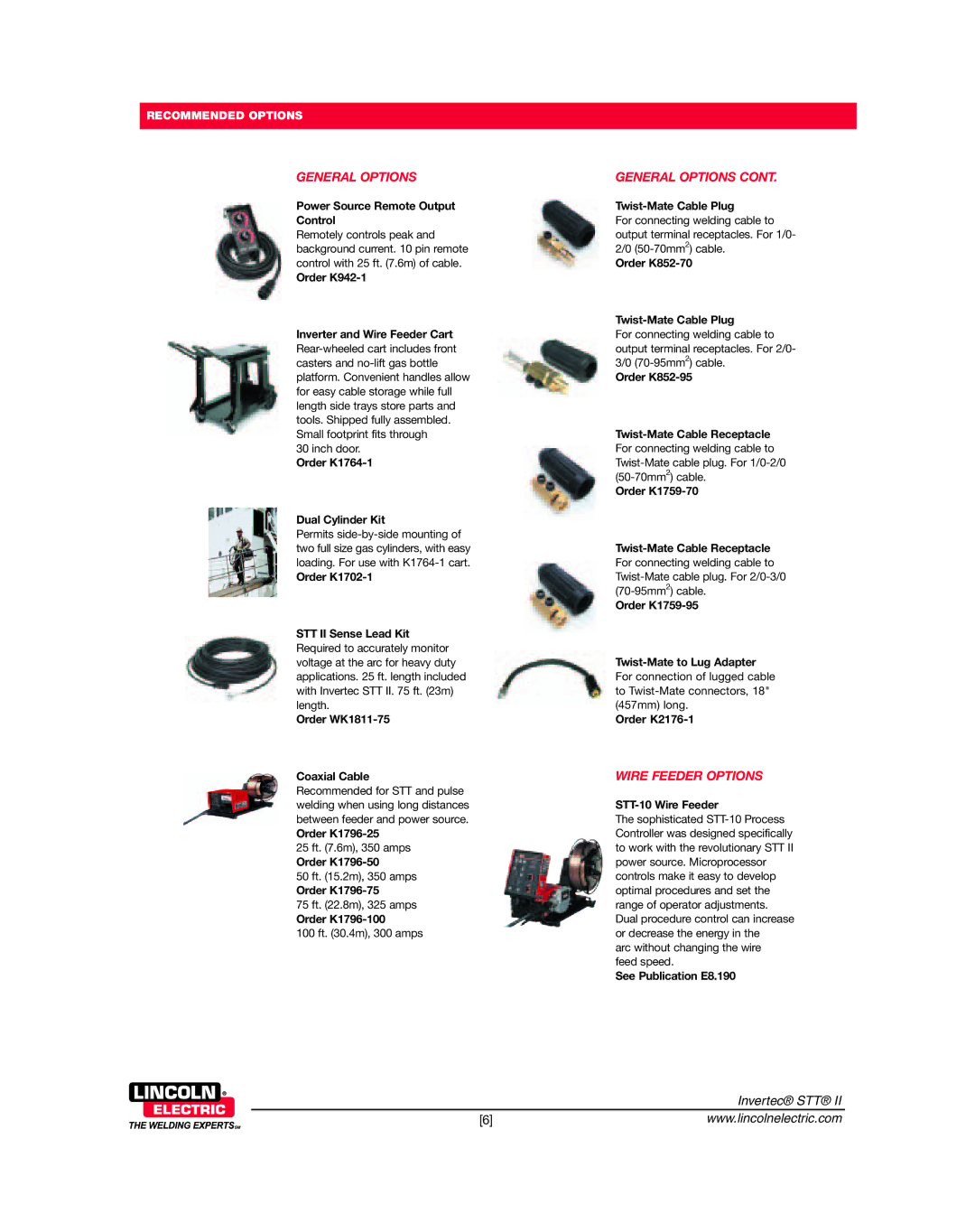 Lincoln Electric STT II dimensions General Options, Wire Feeder Options 