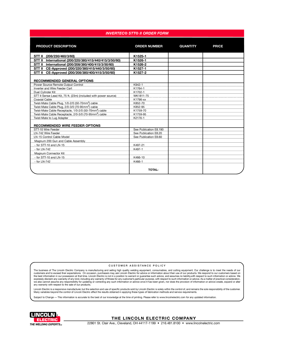 Lincoln Electric STT II dimensions Stt, Recommended General Options, Recommended Wire Feeder Options 