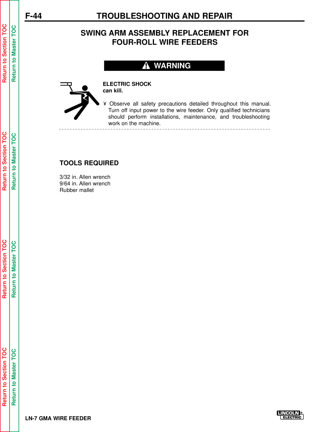 Lincoln Electric SVM 106-A service manual Swing ARM Assembly Replacement for FOUR-ROLL Wire Feeders, Tools Required 