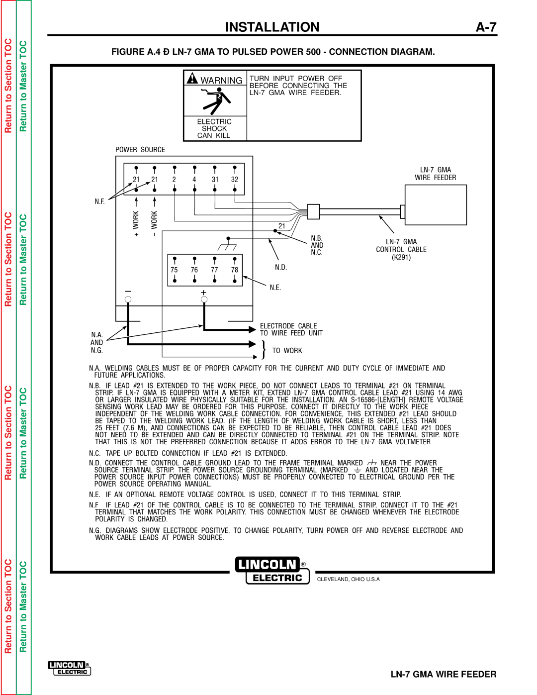 Lincoln Electric SVM 106-A service manual Figure A.4 LN-7 GMA to Pulsed Power 500 Connection Diagram 