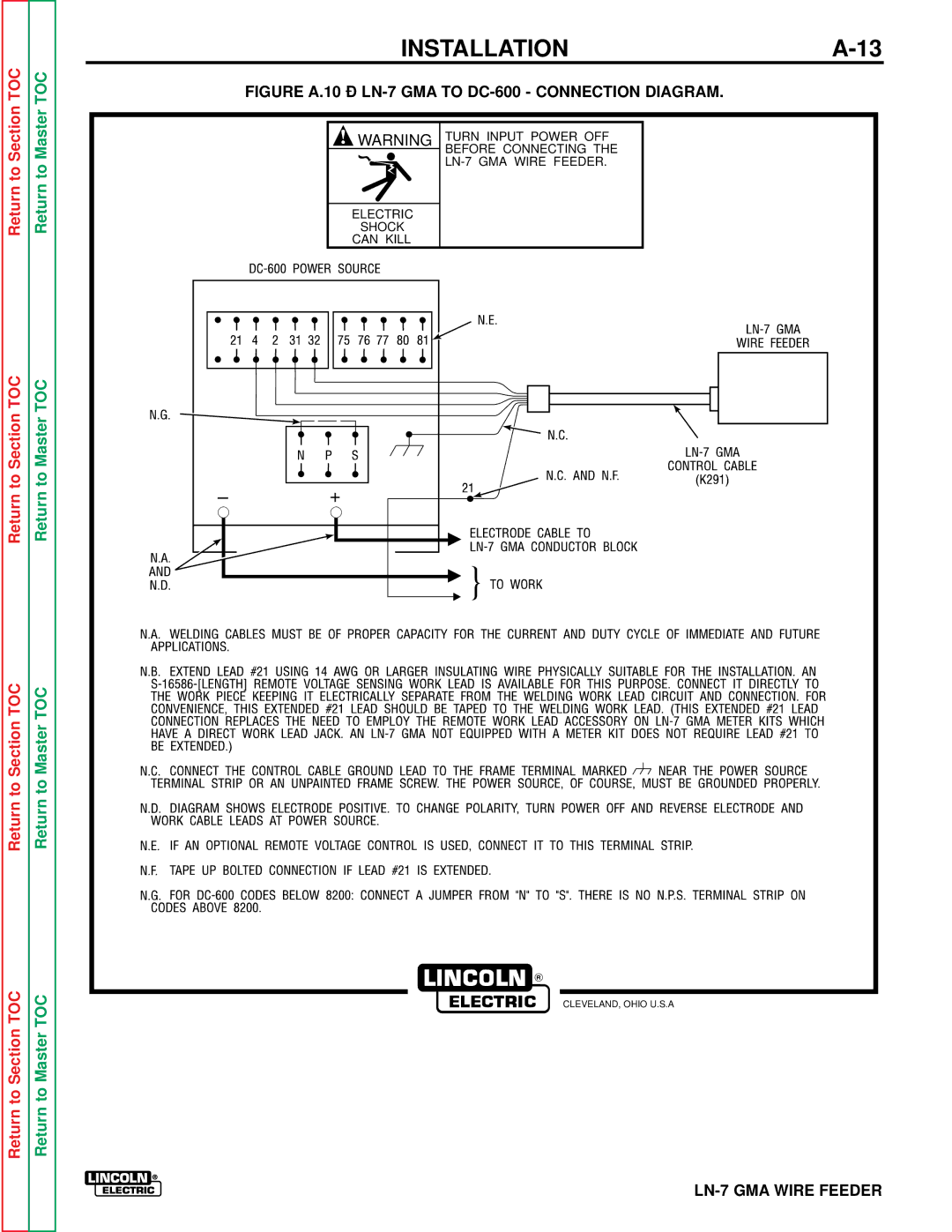 Lincoln Electric SVM 106-A service manual Figure A.10 LN-7 GMA to DC-600 Connection Diagram 