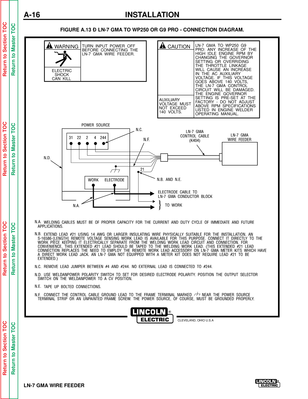 Lincoln Electric SVM 106-A service manual Figure A.13 LN-7 GMA to WP250 or G9 PRO Connection Diagram 