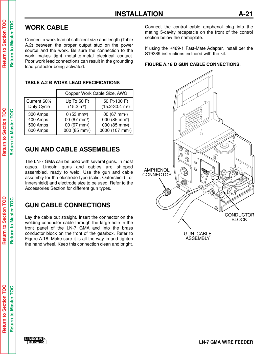 Lincoln Electric SVM 106-A service manual Work Cable, GUN and Cable Assemblies, GUN Cable Connections 