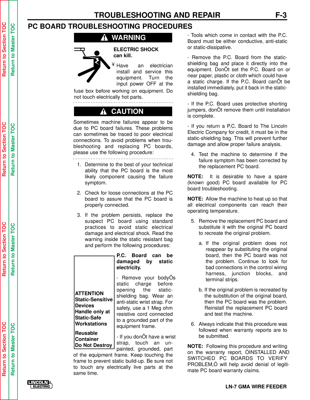 Lincoln Electric SVM 106-A service manual PC Board Troubleshooting Procedures, Board can be damaged by static electricity 