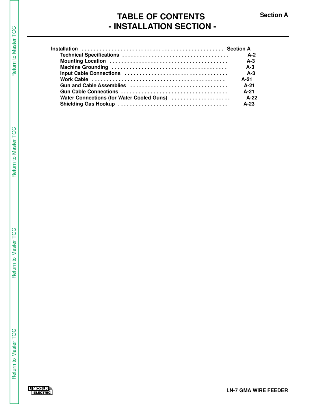 Lincoln Electric SVM 106-A service manual Table of Contents 