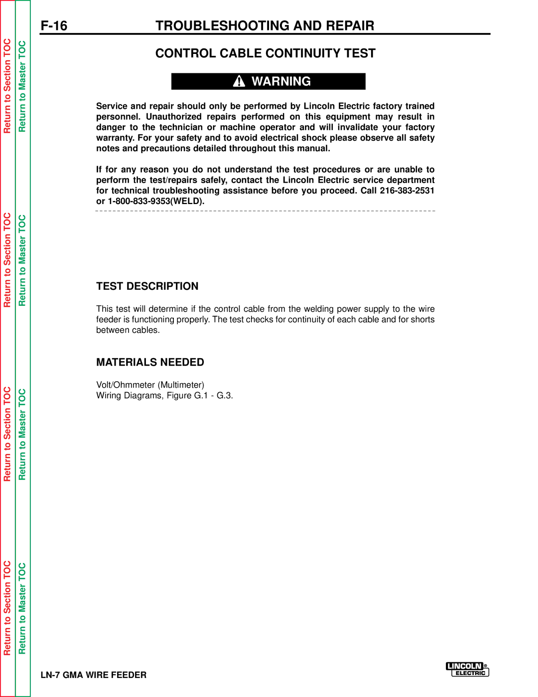 Lincoln Electric SVM 106-A service manual 16TROUBLESHOOTING and Repair, Control Cable Continuity Test 