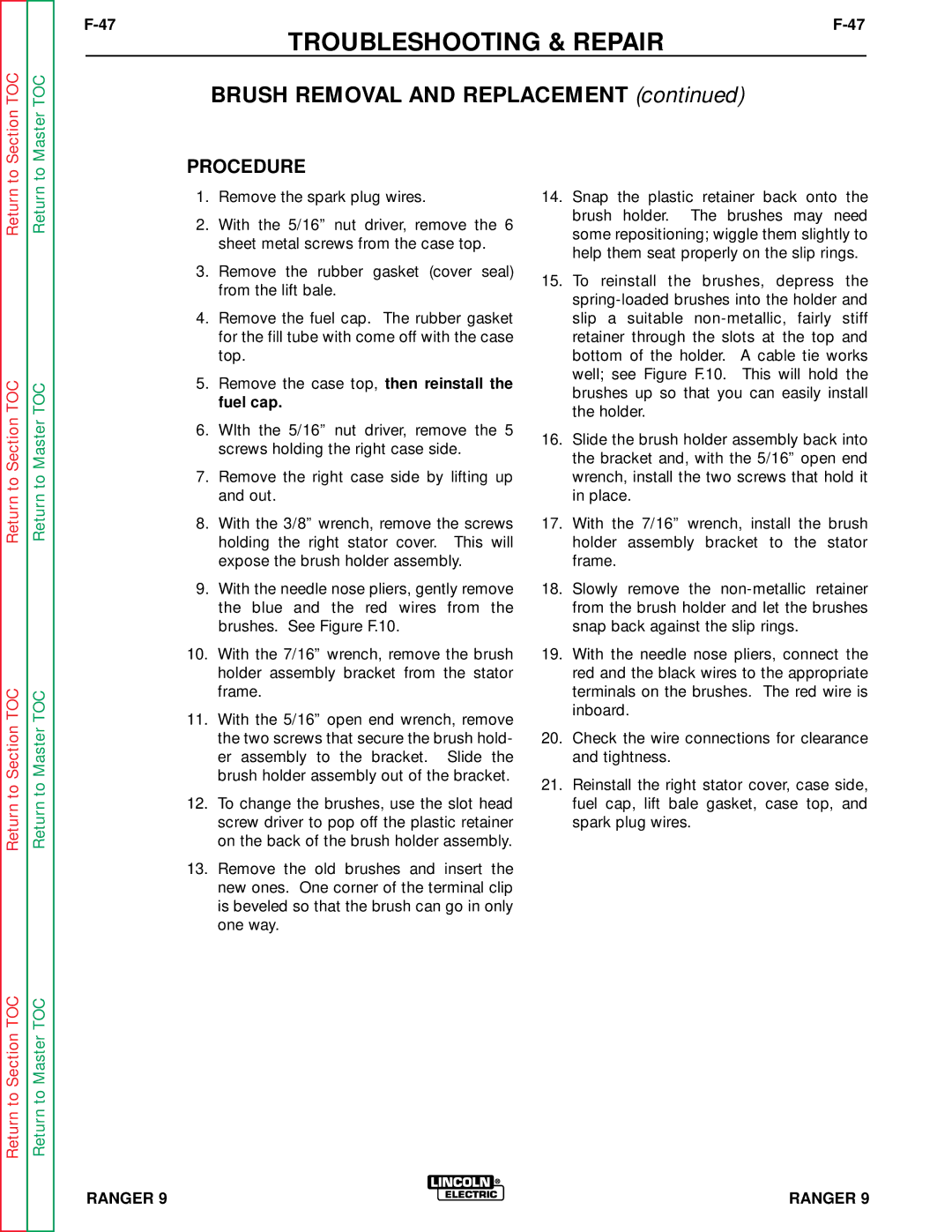 Lincoln Electric SVM 110-A service manual Brush Removal and Replacement, Procedure 