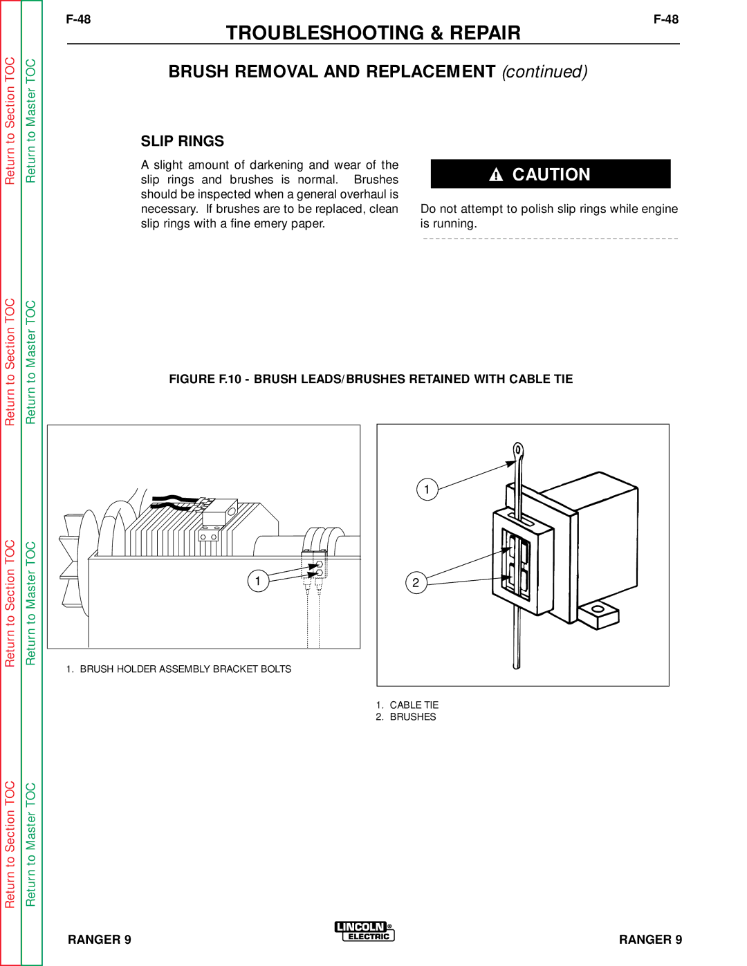 Lincoln Electric SVM 110-A service manual Slip Rings, Figure F.10 Brush LEADS/BRUSHES Retained with Cable TIE 