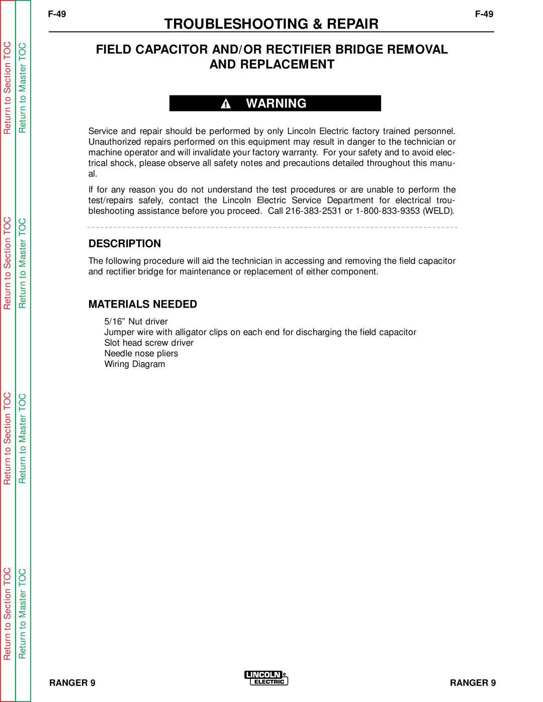 Lincoln Electric SVM 110-A service manual Field Capacitor AND/OR Rectifier Bridge Removal Replacement, Description 