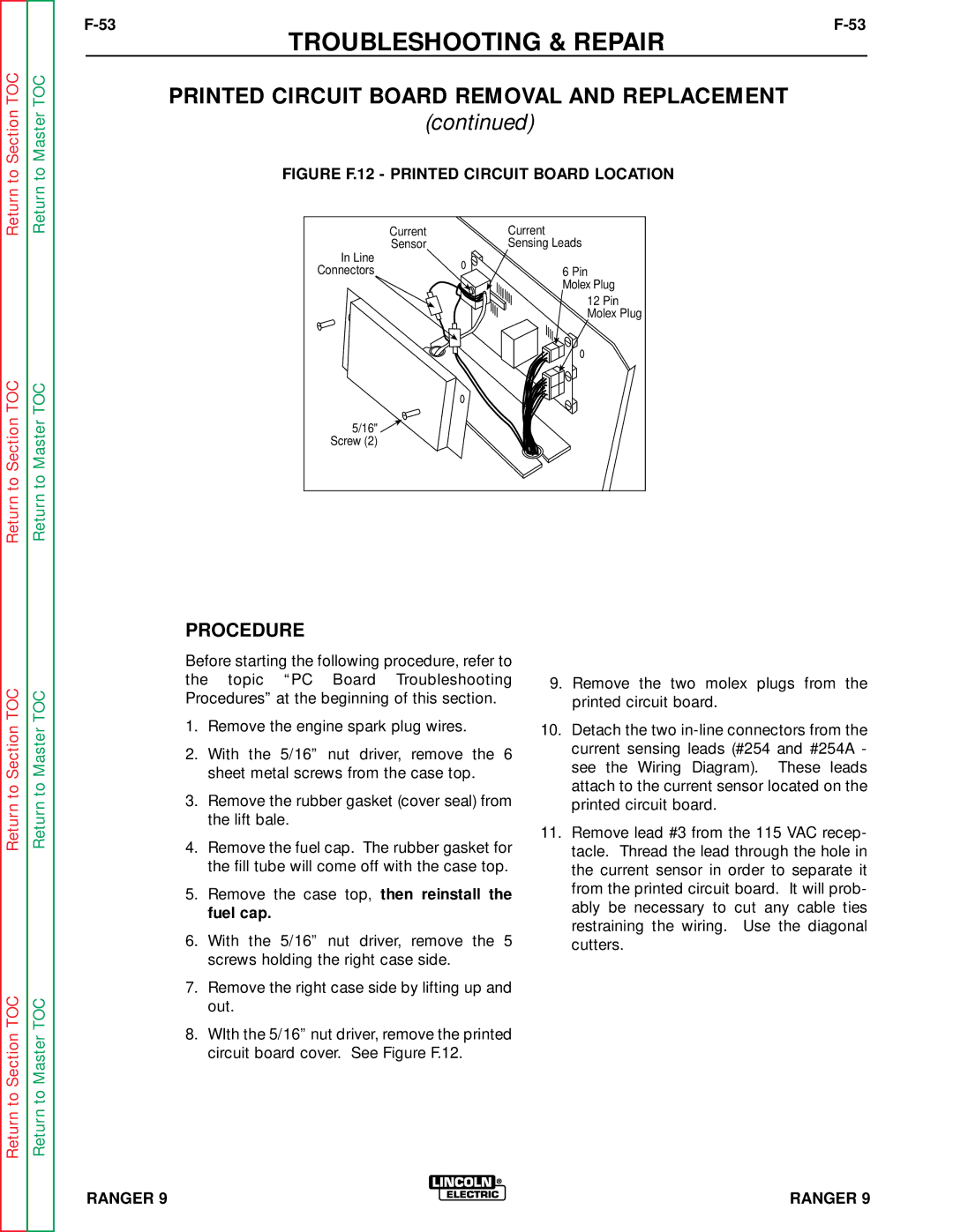 Lincoln Electric SVM 110-A Printed Circuit Board Removal and Replacement, Figure F.12 Printed Circuit Board Location 