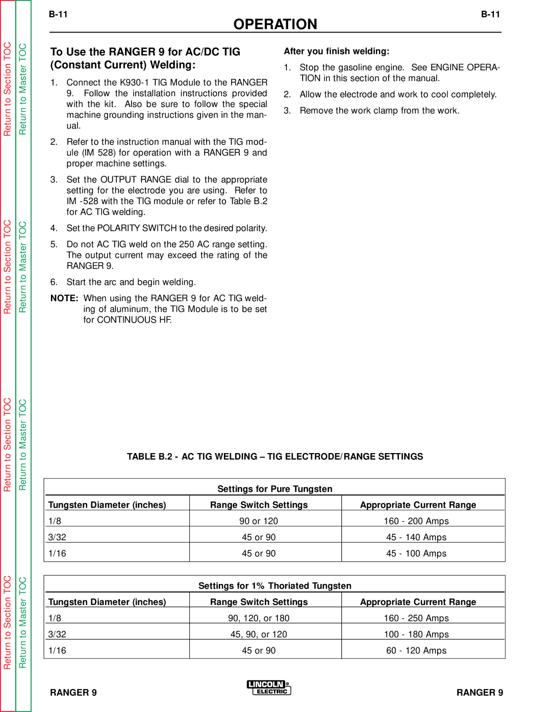 Lincoln Electric SVM 110-A service manual To Use the Ranger 9 for AC/DC TIG Constant Current Welding 