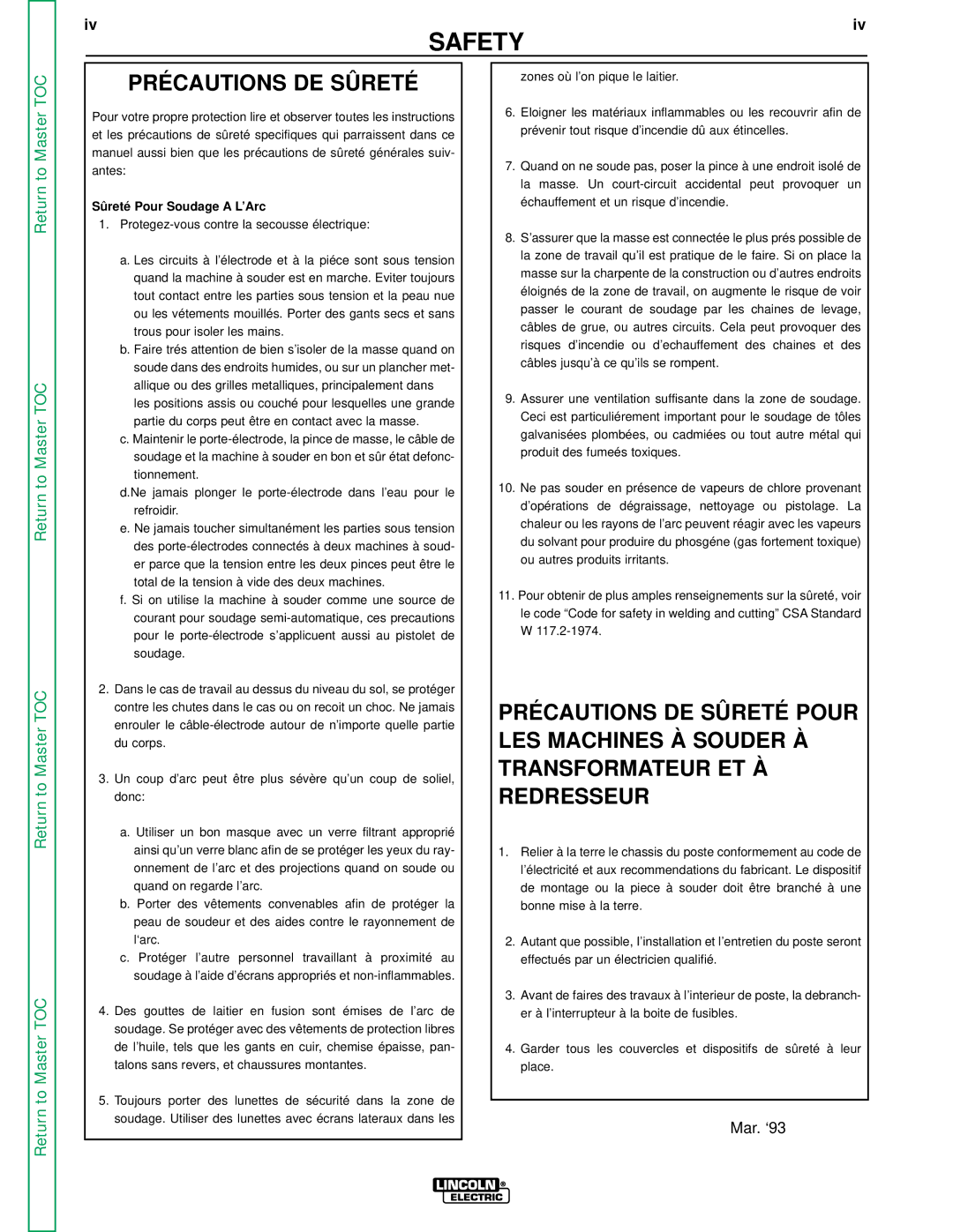 Lincoln Electric SVM 110-A service manual Précautions DE Sûreté 