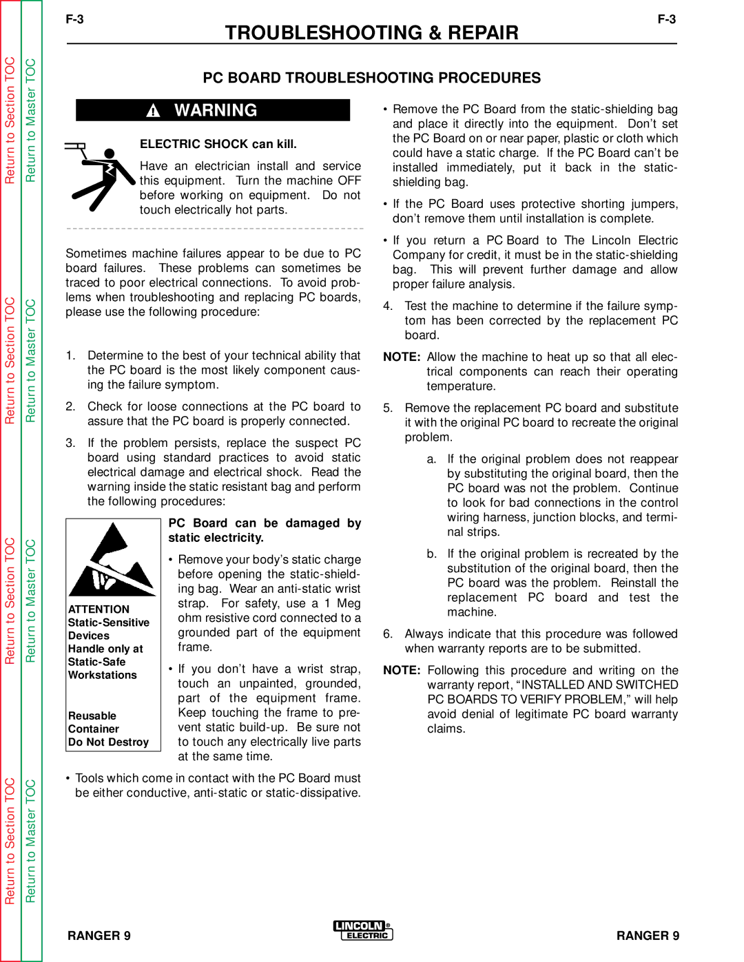 Lincoln Electric SVM 110-A PC Board Troubleshooting Procedures, PC Board can be damaged by static electricity 