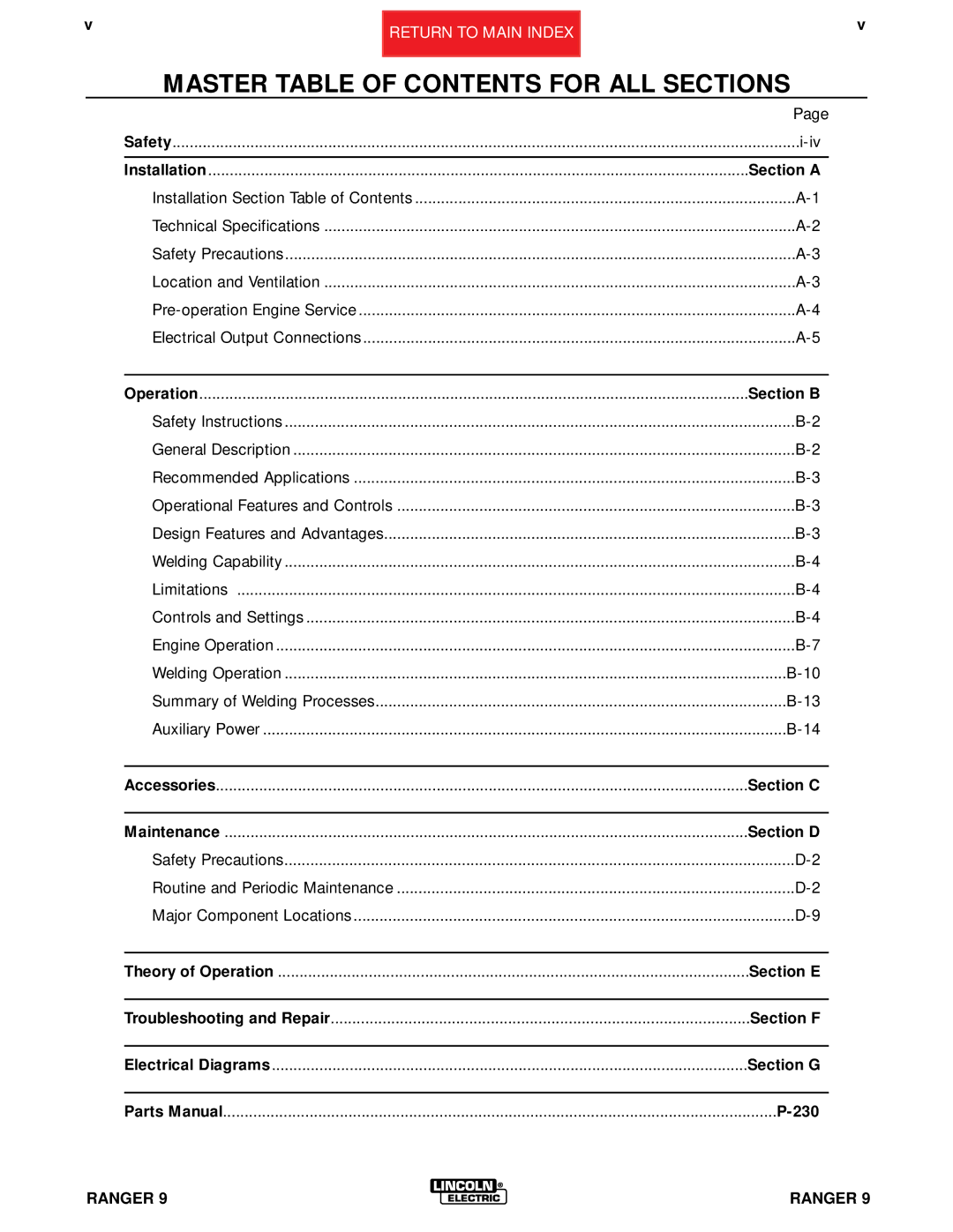 Lincoln Electric SVM 110-A service manual Master Table of Contents for ALL Sections 