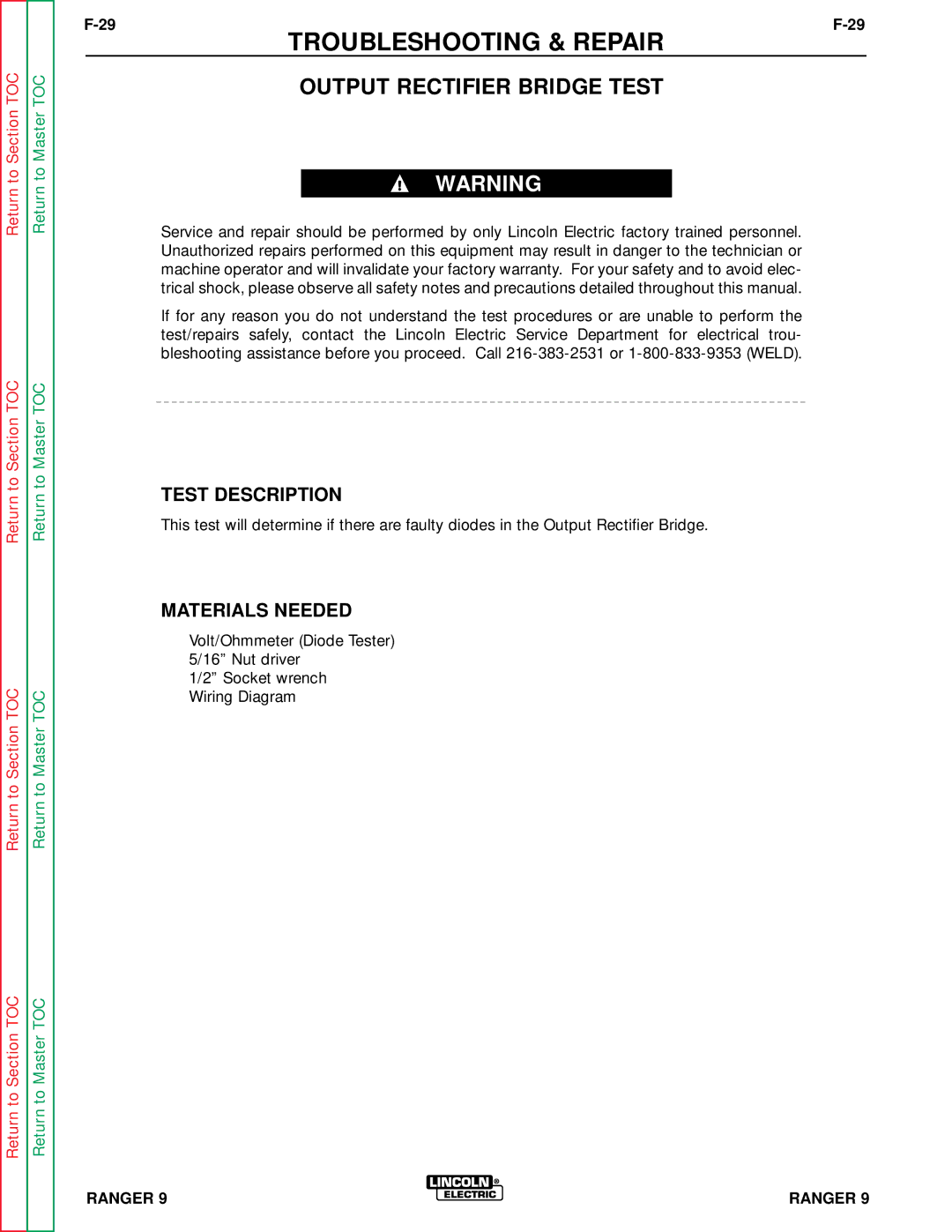 Lincoln Electric SVM 110-A service manual Output Rectifier Bridge Test, Test Description 