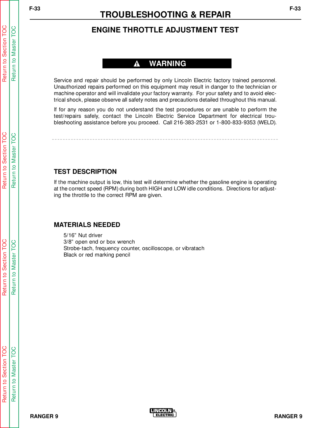 Lincoln Electric SVM 110-A service manual Engine Throttle Adjustment Test 