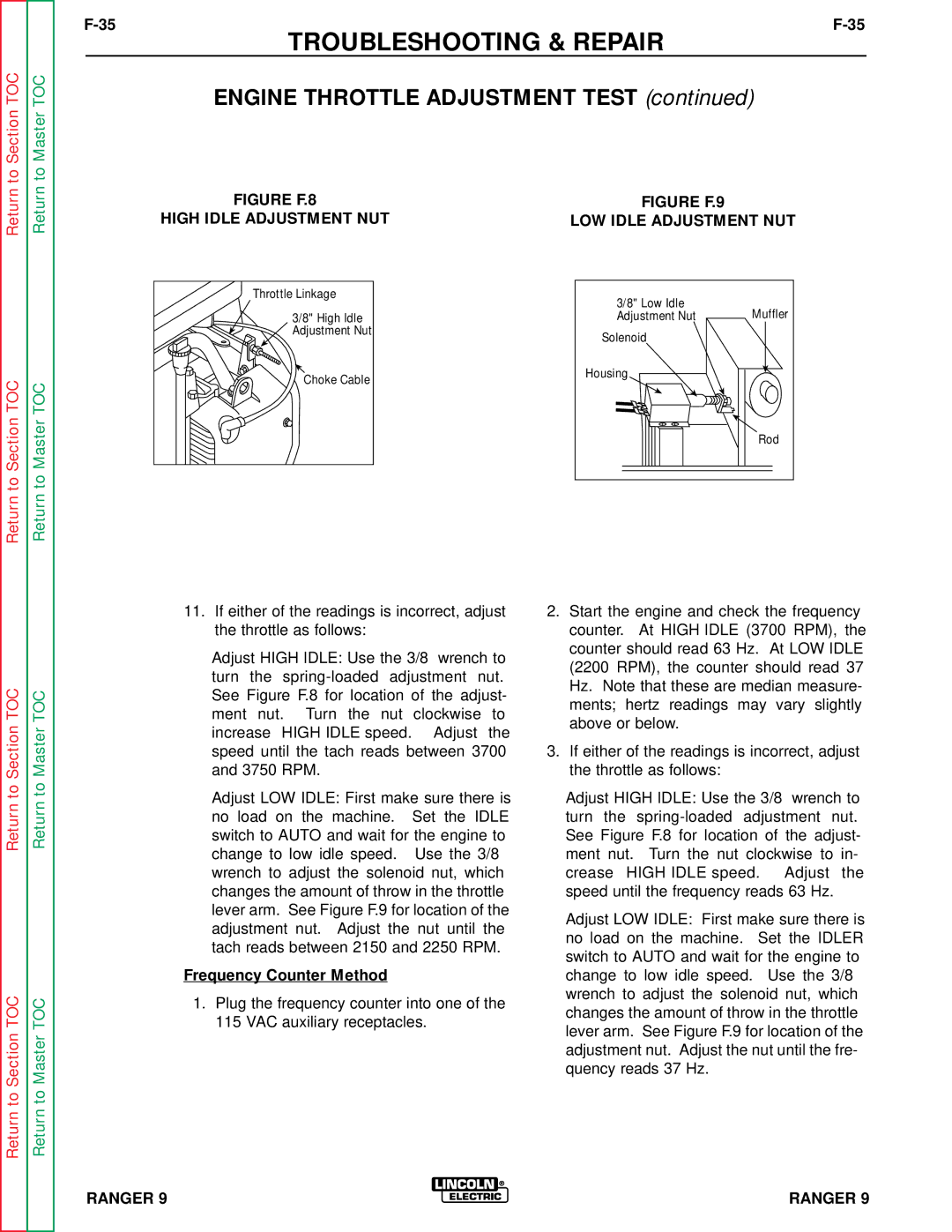 Lincoln Electric SVM 110-A service manual High Idle Adjustment NUT LOW Idle Adjustment NUT, Frequency Counter Method 