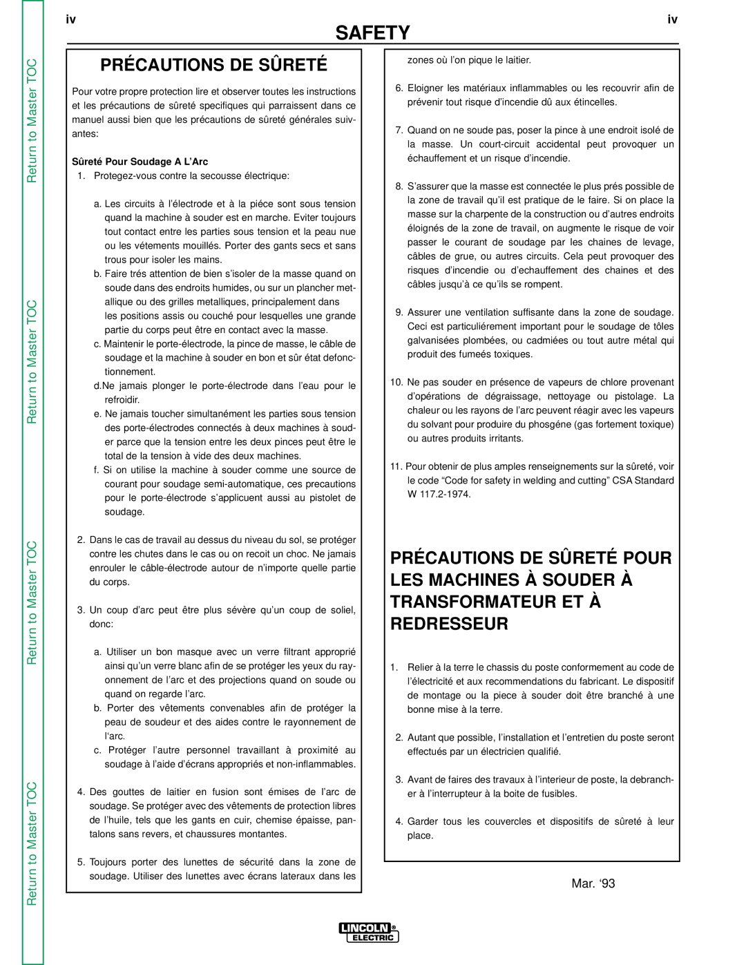 Lincoln Electric SVM 113-A service manual Précautions DE Sûreté 