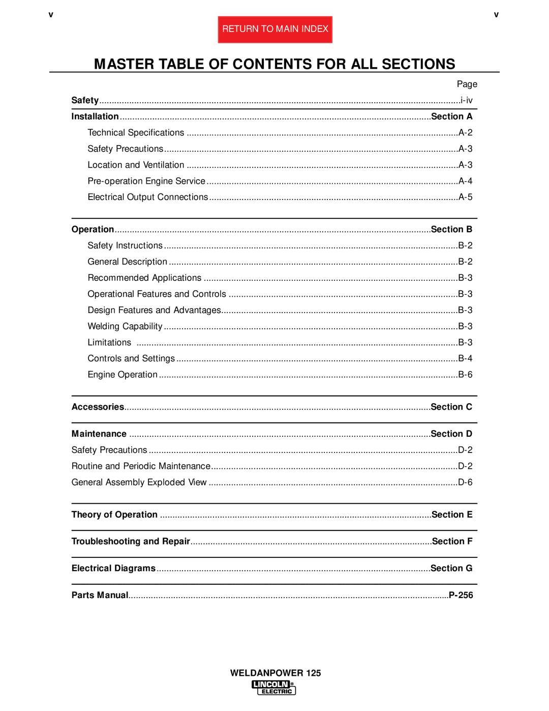 Lincoln Electric SVM 113-A service manual Master Table of Contents for ALL Sections 