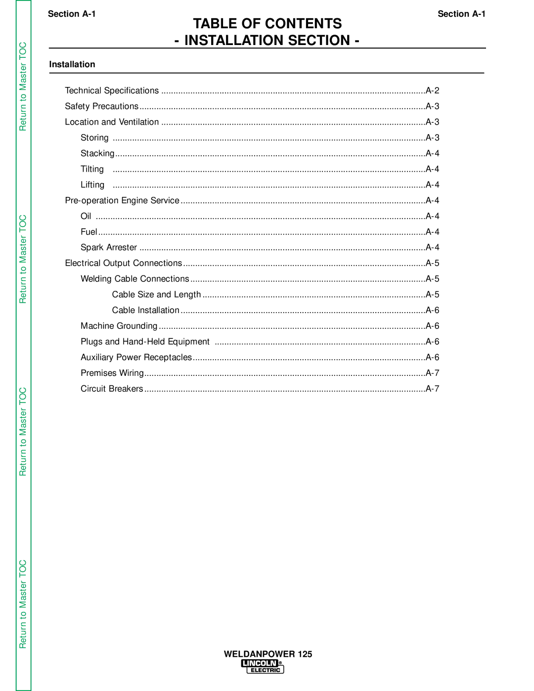 Lincoln Electric SVM 113-A service manual Table of Contents Installation Section 