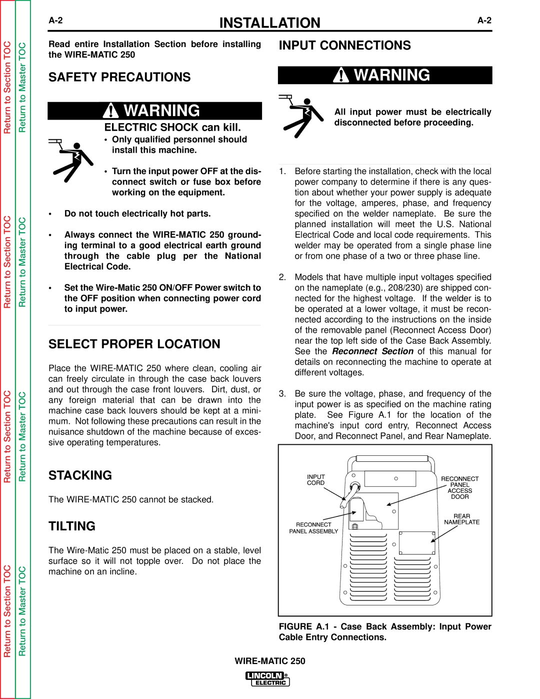 Lincoln Electric SVM 117-A service manual Safety Precautions, Select Proper Location, Input Connections, Stacking, Tilting 